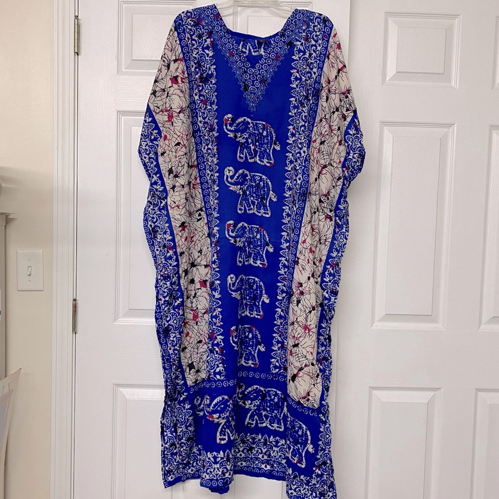Ana & Kate Elephant Print Blue Kaftan Caftan Flowy Sz OS